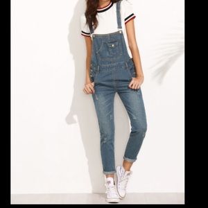 Dark Blue Straps Scratch Denim Overall Pants